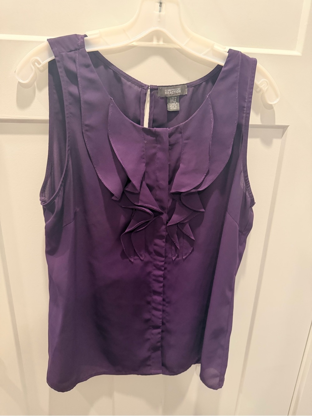 Kenneth Cole Reaction Purple Ruffle Front Sleeveless Blouse L 8/10